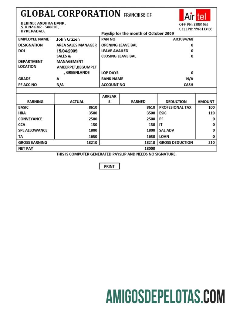 ÍNDIA AIRTEL Recibo de pagamento da empresa multinacional de serviços de telecomunicações em formatos Word e PDF amostra